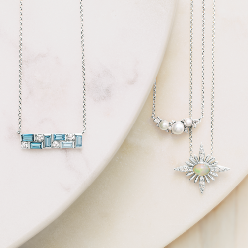 White Gold (or Platinum) Gemstone, Diamond, Pearl, and Opal Pendant Necklaces