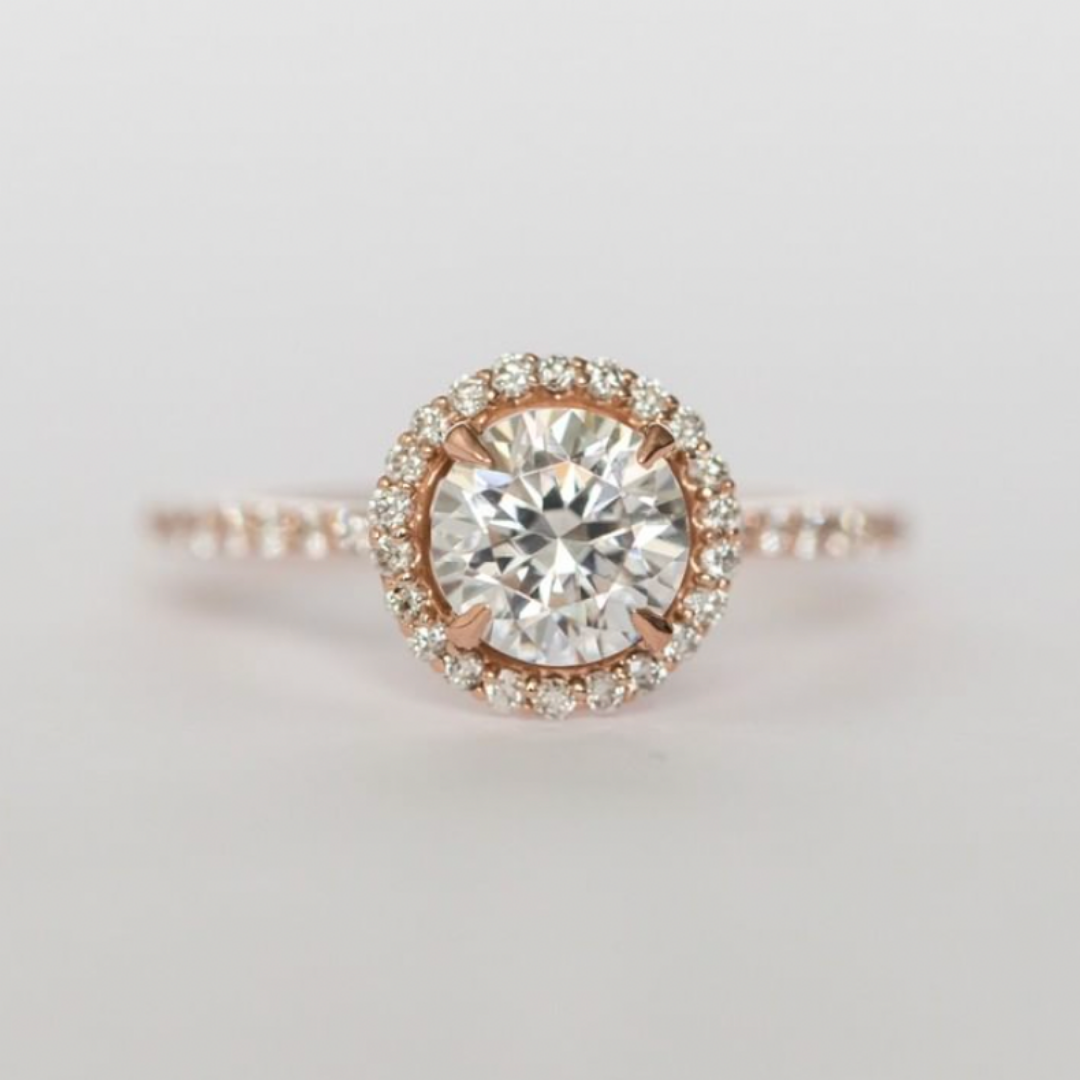 round diamond engagement ring yellow gold with diamond halo