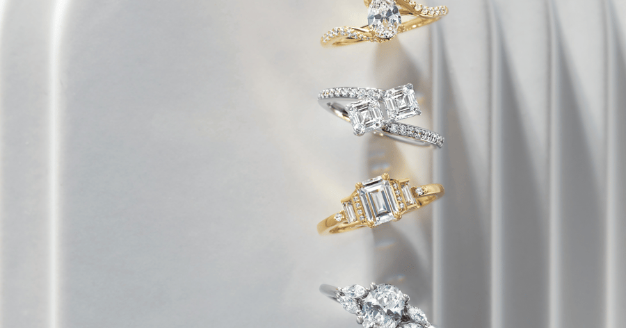 2020s - Yellow Gold and White Gold (or Platinum) Accented Engagement Rings set with Pear, Asscher, Emerald, and Oval Cut Diamonds