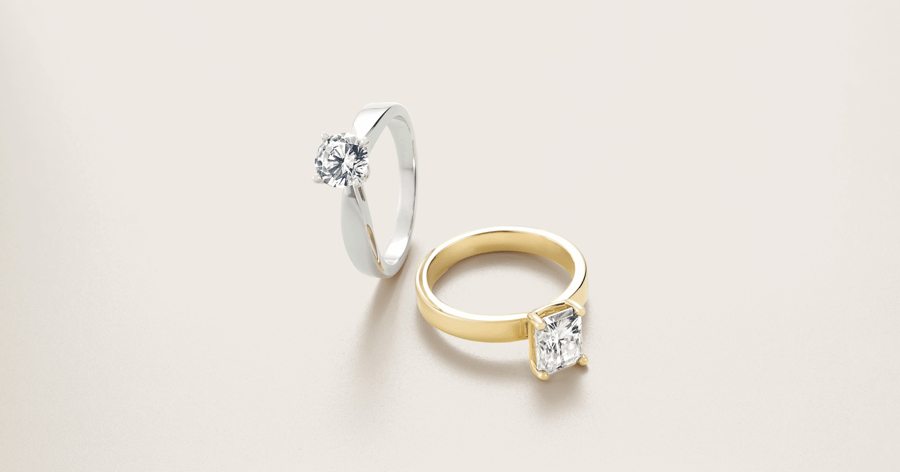 30s - White Gold (or Platinum) Solitaire Engagement Ring set with a Round Cut Diamond; Yellow Gold Solitaire Engagement Ring set with a Radiant Cut Diamond