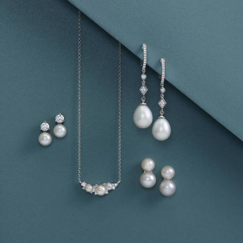 Various White Gold (or Platinum) Pearl Earring Designs and Necklace Option