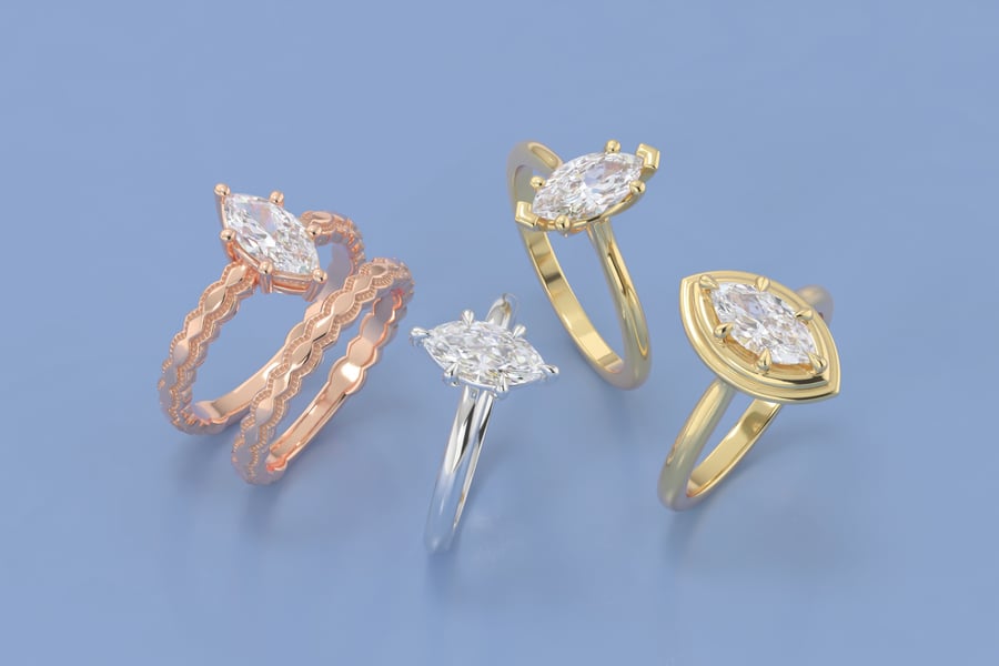 Rose_Gold_White_Gold_and_Yellow_Gold_Marquise_Engagement_Rings_with_Dot_Claw_and_V-Tip_Prongs