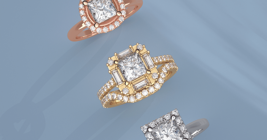 50s - Rose Gold, Yellow Gold, and White Gold (or Platinum) Diamond Halo Engagement Rings set with Princess Cut Diamonds