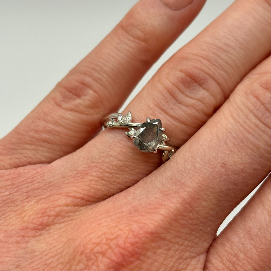 custom engagement ring salt and pepper diamond pear cut