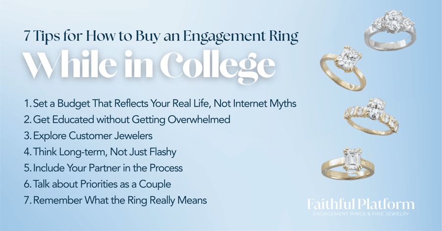 Infographic shpwing 7 tips for buying an engagement ring while in college