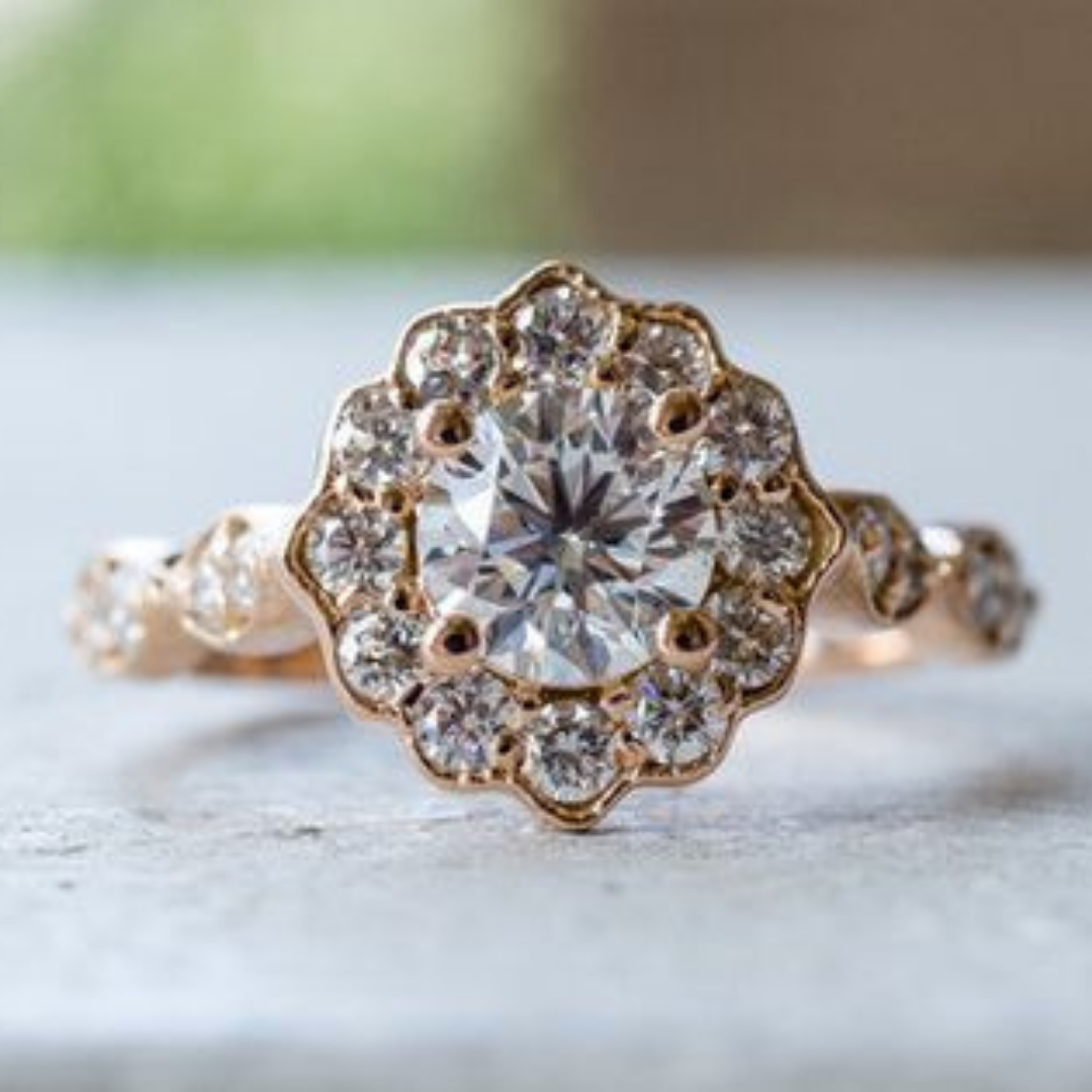 round diamond engagement ring floral nature inspired halo