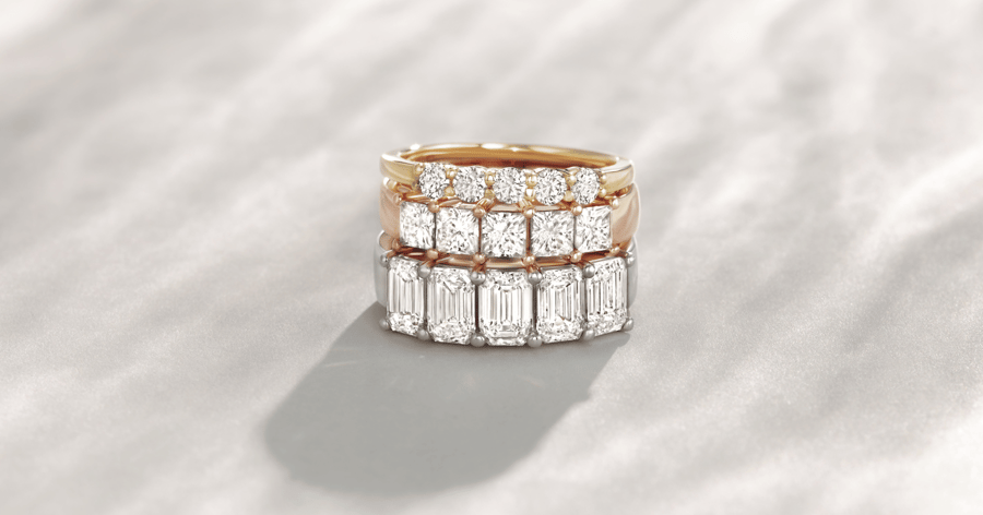 Yellow Gold Band with Round Cut Diamonds; Rose Gold Band with Princess Cut Diamonds; White Gold (or Platinum) Band with Emerald Cut Diamonds