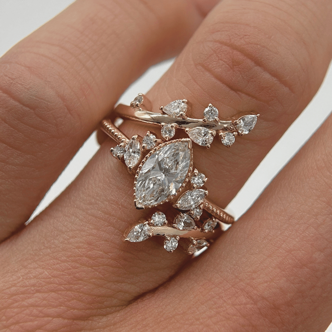 Custom Engagement Ring Set Rose Gold Accented Engagement Ring set with a Marquise Cut Diamond and Diamond Accented Custom Vine Band-1