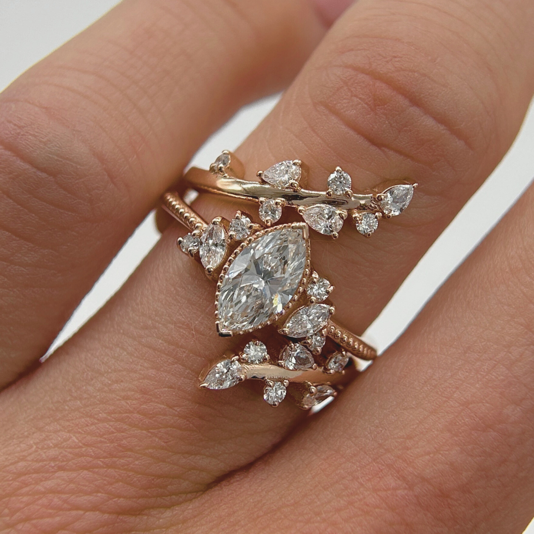 Custom Engagement Ring Set Rose Gold Accented Engagement Ring set with a Marquise Cut Diamond and Diamond Accented Custom Vine Band