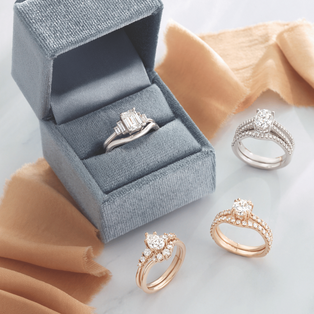 Custom Engagement Ring Set White Gold (or Platinum) Accented Engagement Rings with Matching Bands set with Emerald and Oval Cut Diamonds; Rose Gold Diamond Accented Engagement Rings with Matching Wedding Bands set with a Pear and Round Cut-1