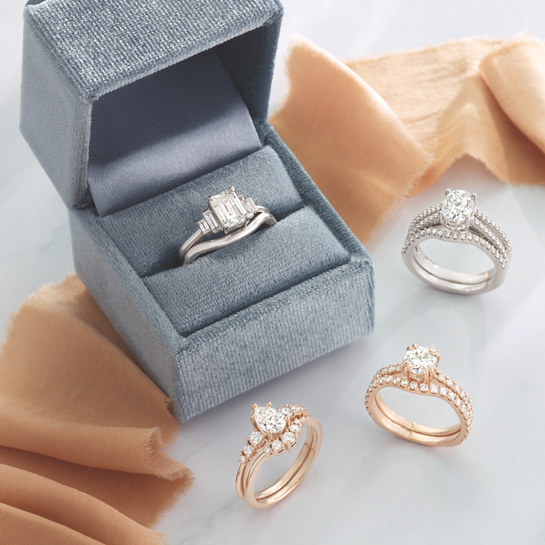 Custom Engagement Ring Set White Gold (or Platinum) Accented Engagement Rings with Matching Bands set with Emerald and Oval Cut Diamonds; Rose Gold Diamond Accented Engagement Rings with Matching Wedding Bands set with a Pear and Round Cut