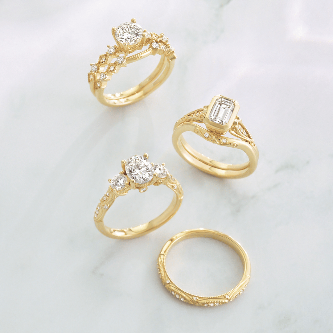 Custom Engagement Ring Set Yellow Gold Accented Engagement Rings set with Round, Emerald, and Oval Cut Diamonds; Yellow Gold Matching Accented Wedding Bands-1