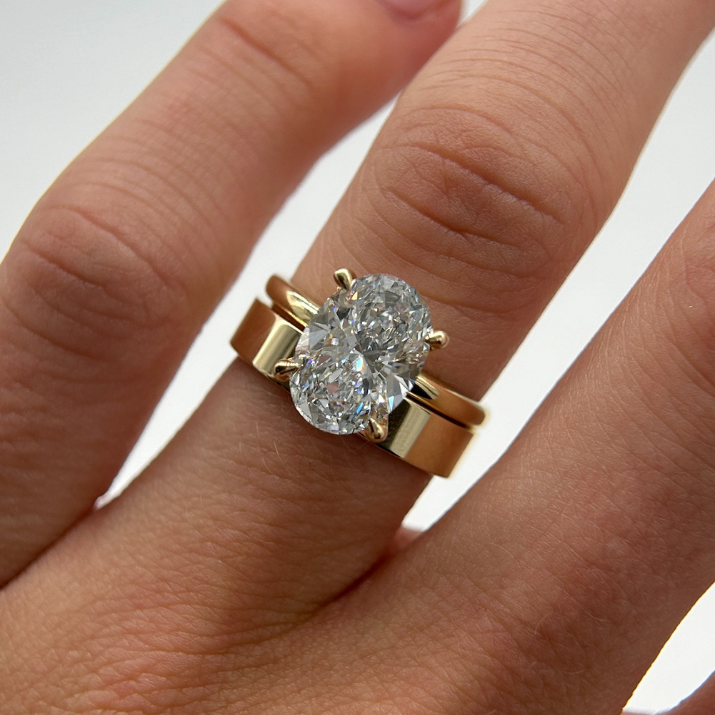 Custom Engagement Ring Set Yellow Gold Solitaire Engagement Ring set with an Oval Cut Diamond; Yellow Gold Cigar Band-1