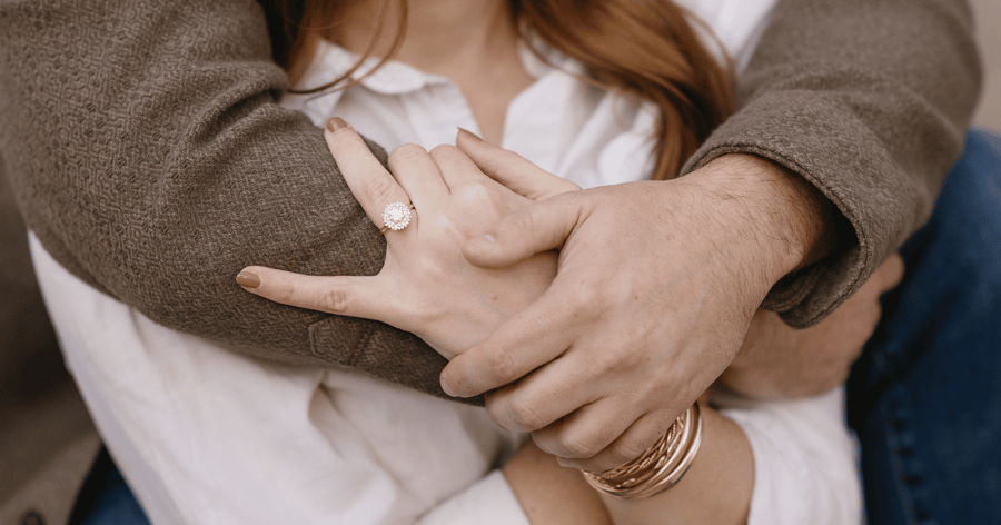 Custom_double_halo_rose_gold_engagement_ring_on_hand_shown_with_Created_Bracelets