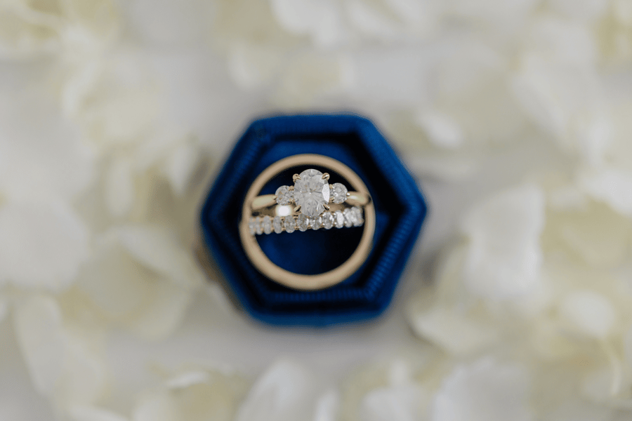 Faithful_Platform_Ring_and_Wedding_Band_in_Navy_Ring_Box_with_Petals