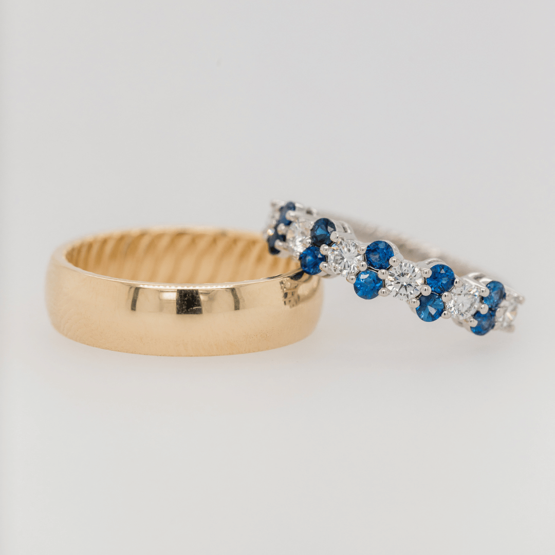 His and Hers Wedding Band Set with Yellow Gold Band and White Gold (or Platinum) Diamond and Sapphire Accented Band-1