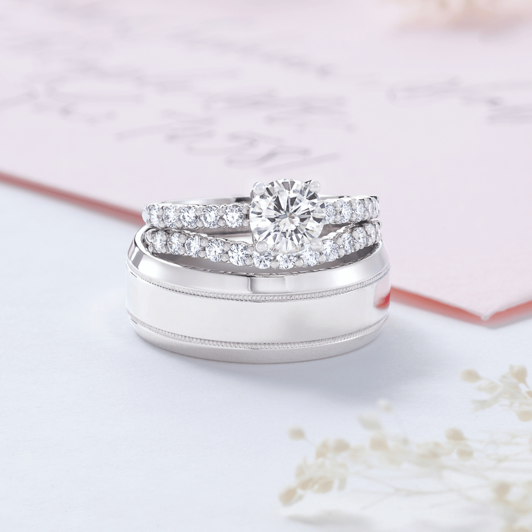 His and Hers White Gold (or Platinum) Wedding Band Set with Diamond Accented Contour Band and Milgrain Band-1