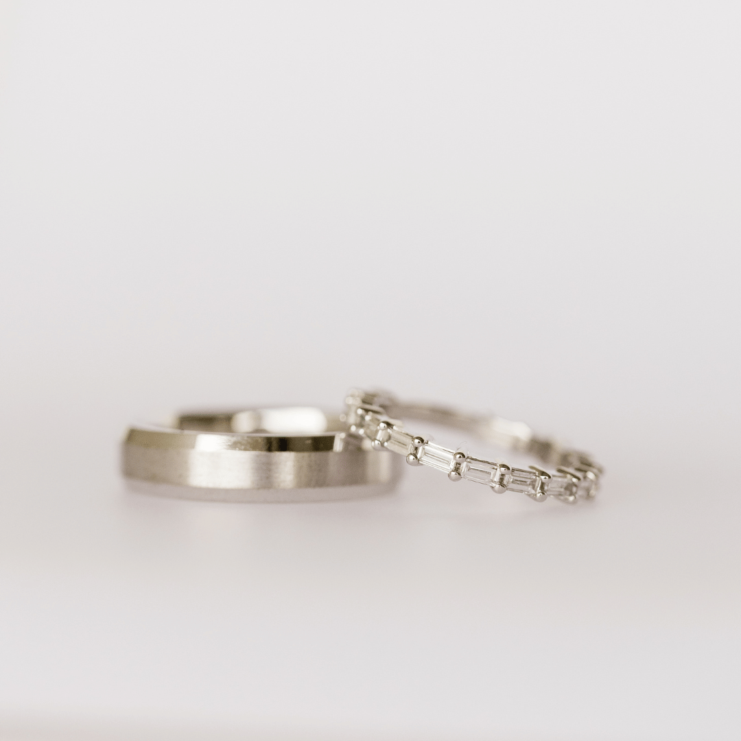 His and Hers White Gold (or Platinum) Wedding Band Set with Plain Band and Diamond Baguette Accented Band-1