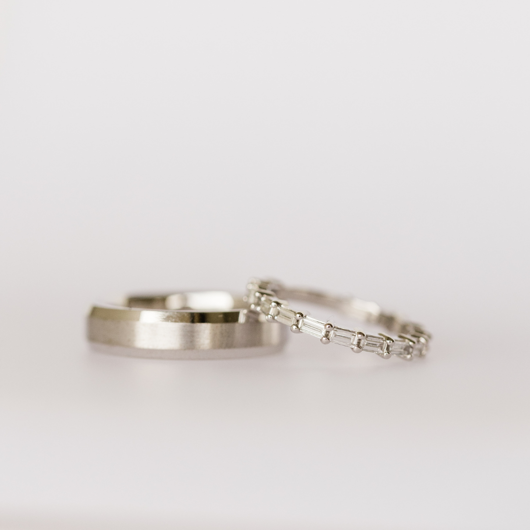 His and Hers White Gold (or Platinum) Wedding Band Set with Plain Band and Diamond Baguette Accented Band