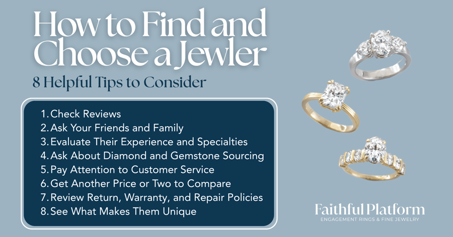 Infographic showing eight tips for finding and choosing a jeweler