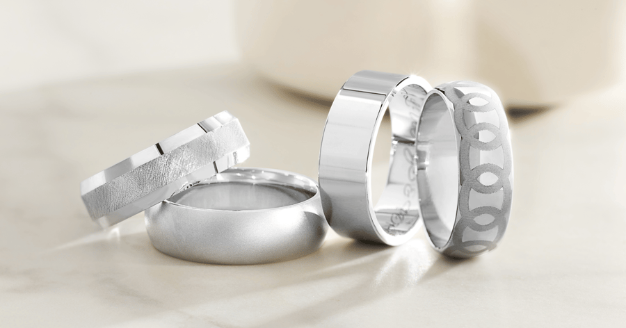 Mens White Gold (or Platinum) Wedding Bands with various Designs and Finishes