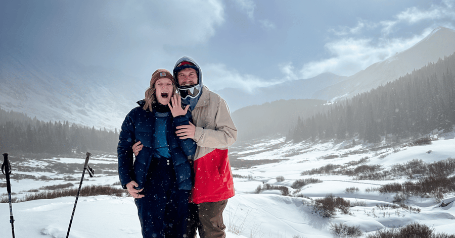 Newly Engaged Happy Couple Showing Off Engagement Ring in the Snow