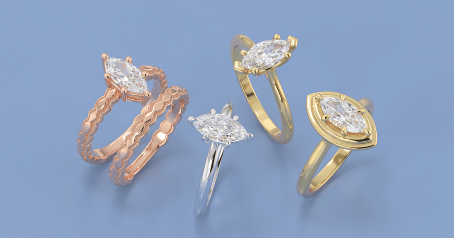 Rose Gold, White Gold (or Platinum), and Yellow Gold Solitaire Engagement Rings set with Marquise Cut Diamonds