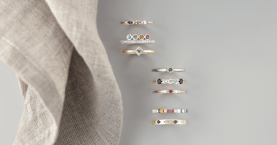 Rose Gold, Yellow Gold, and White Gold (or Platinum) Rings and Bands set with various Colored and Cut Gemstones and Diamonds