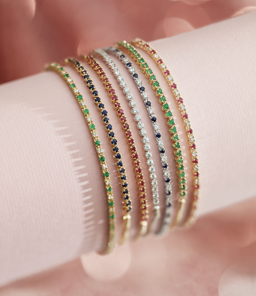 White Gold (or Platinum and Yellow Gold Gemstone and Diamond Tennis Bracelets