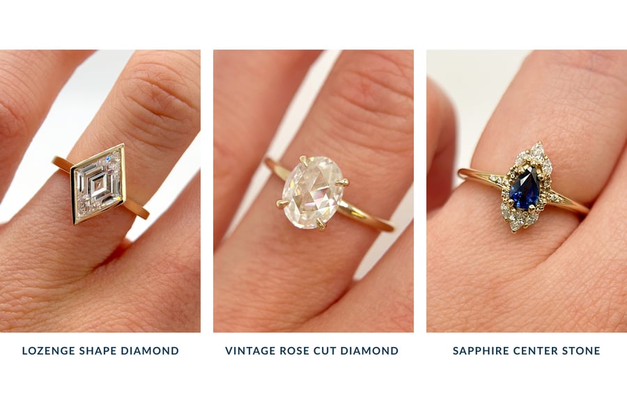 Visual showing 3 different ring cut examples: Lozenge shape diamond, Vintage rose cut diamond, and Sapphire center stone