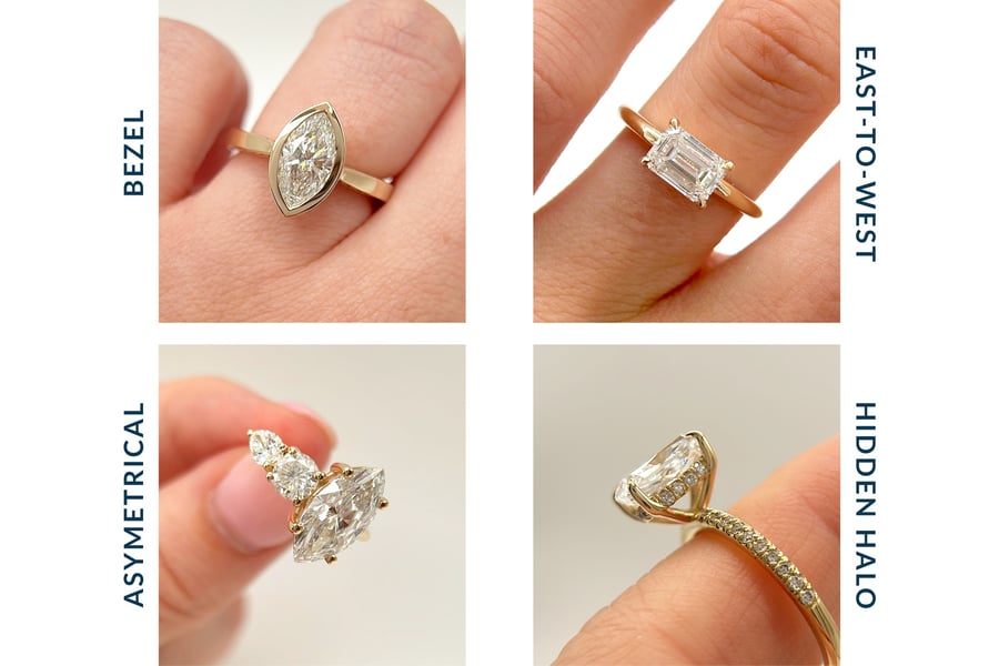 Visual showing 4 different ring stone setting examples: Bezel, Asymetrical, East-to-West, and Hidden Halo