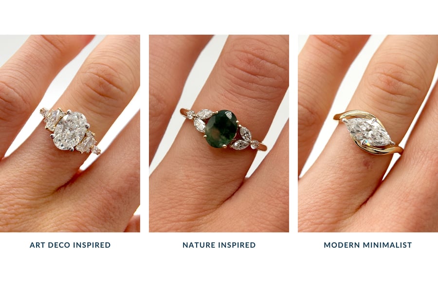Visual showing 3 different engagement ring style examples: Art deco inspired, nature inspired, and modern minimalist