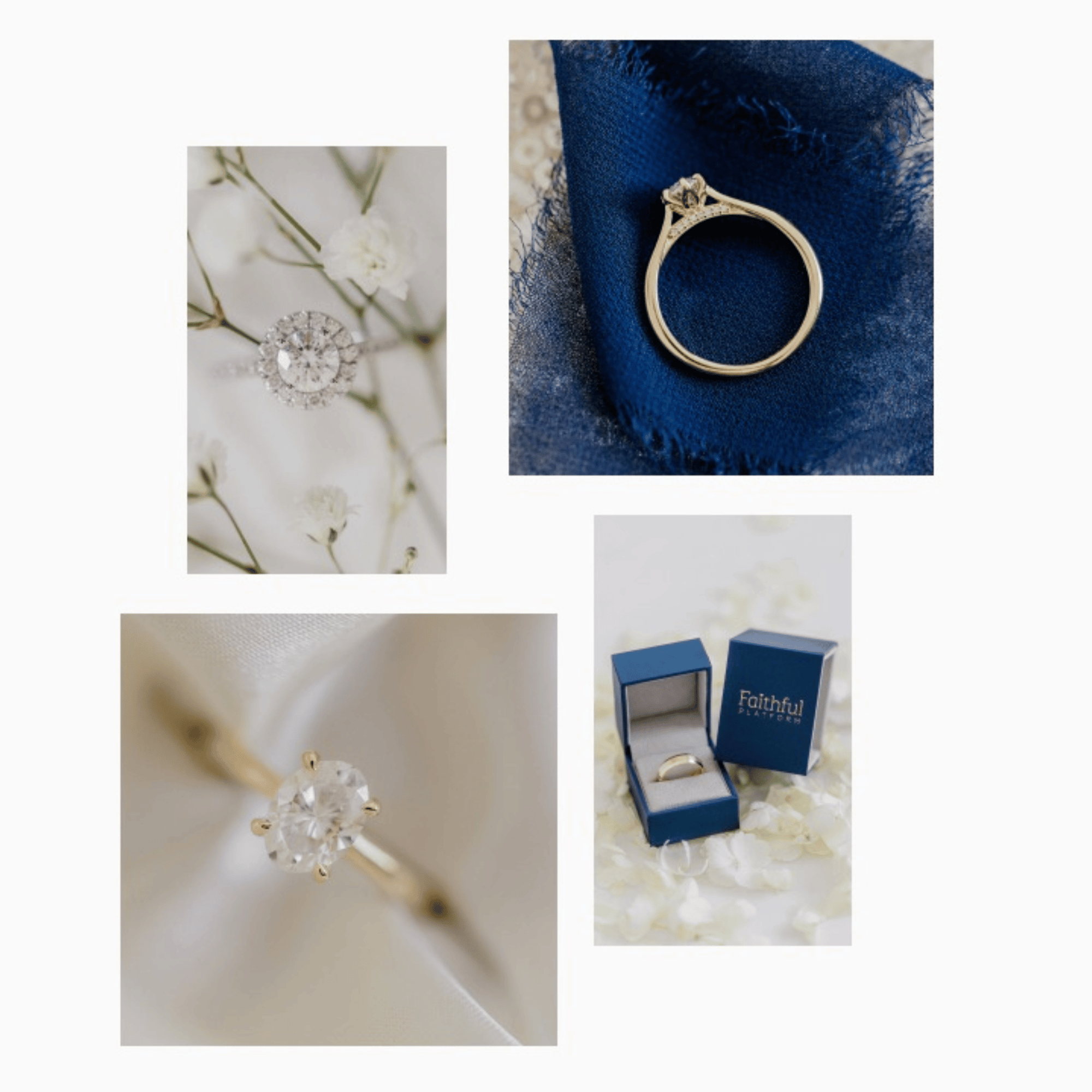 Various Faithful Platform Engagement Ring and Wedding Band Designs