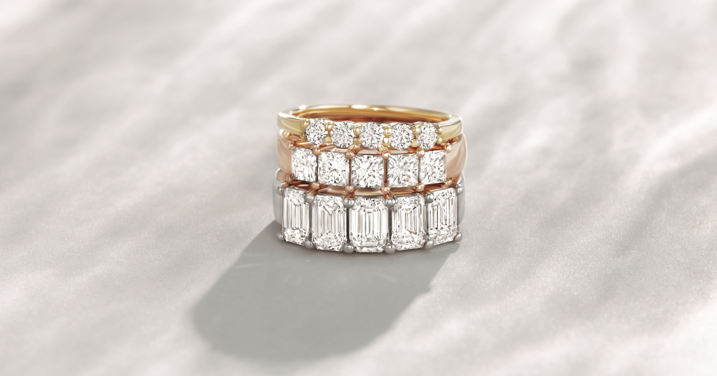 Various Yellow Gold, Rose Gold, and White Gold (or Platinum) Round, Princess, and Emerald Cut Diamond Bands