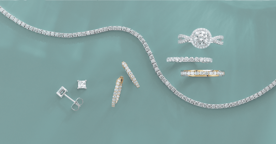 Various_diamond_jewelry_hoops_studs_tennis_bracelet_engagement_ring_his_and_hers_wedding_bands