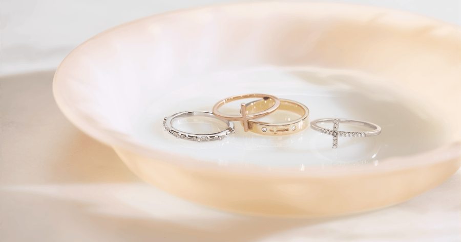 White Gold (or Platinum) Band with Diamond Accents; Rose Gold Cross Band; Yellow Gold Band with Cross and Diamond Accents; White Gold (or Platinum) Cross Band with Diamond Accents