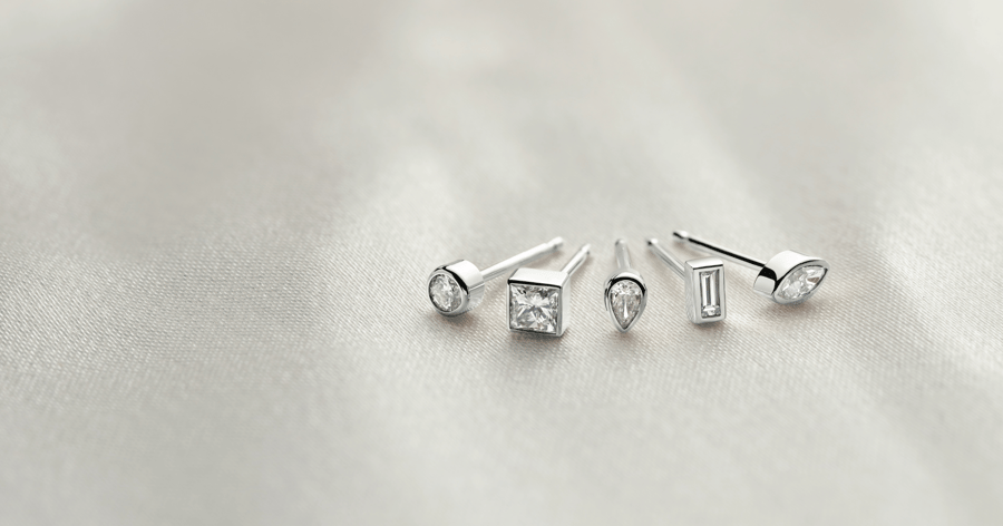 White Gold (or Platinum) Bezel Set Diamond Studs in various Diamond Cuts