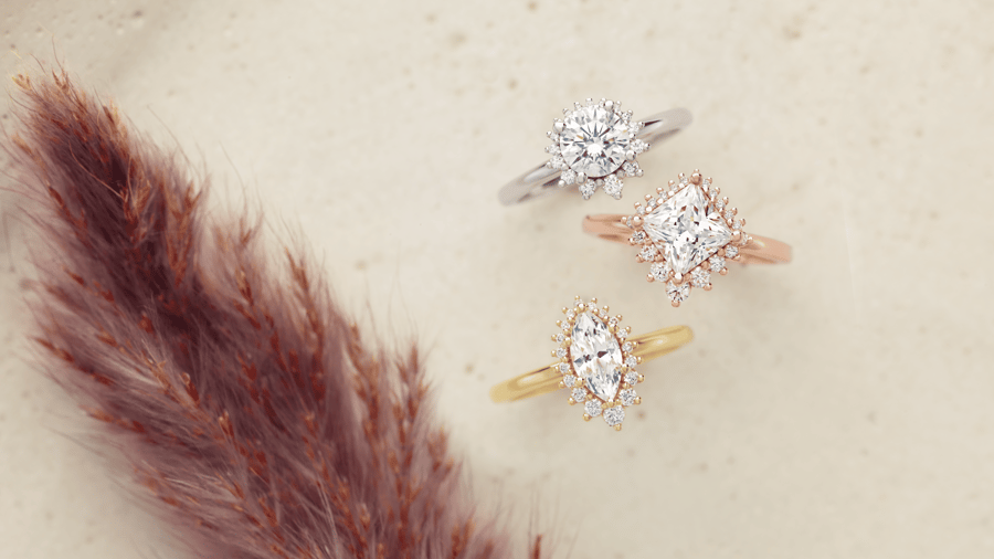 White Gold (or Platinum) Diamond Halo Engagement Ring set with Round Cut Diamond; Rose Gold Diamond Halo Engagement Ring set with a Princess Cut Diamond; Yellow Gold Diamond Halo Engagement Ring set with a Marquise Cut Diamond