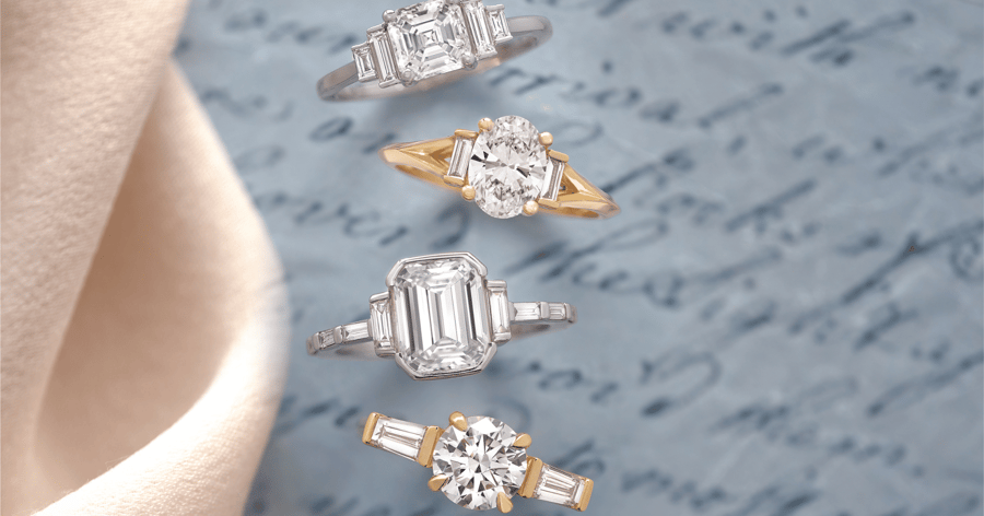 White Gold (or Platinum) and Yellow Gold Accented Engagement Rings set with Asscher, Oval, Emerald, and Round Cut Diamonds