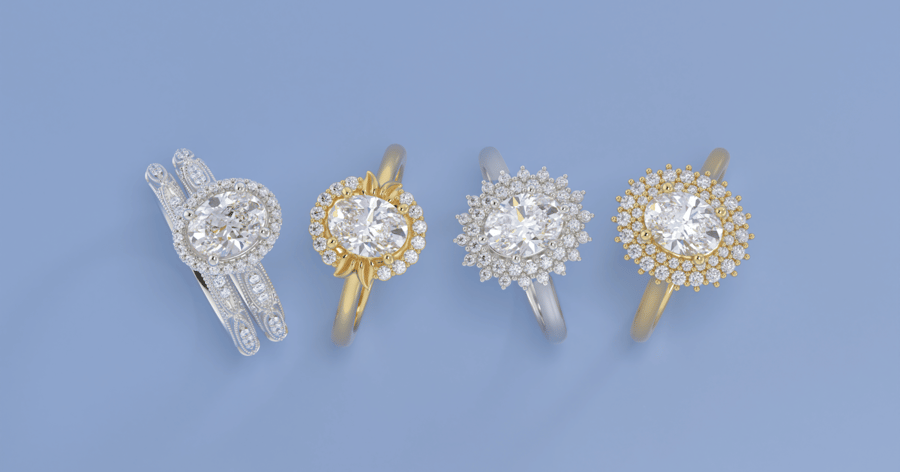 White Gold (or Platinum) and Yellow Gold Diamond Halo Accented Engagement Rings set with Oval Cut Diamonds