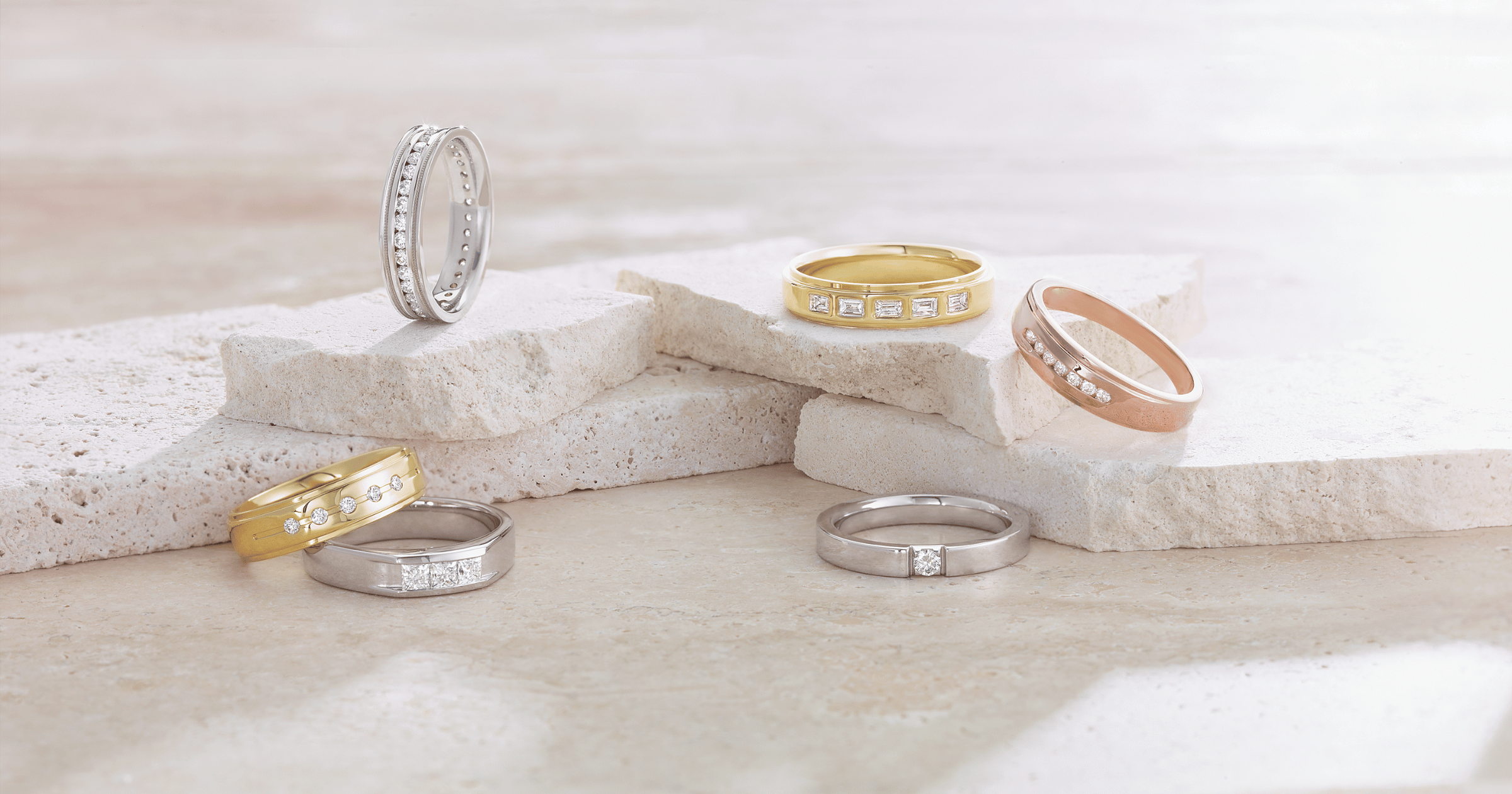 White Gold (or Platinum), Yellow Gold, and Rose Gold Accented Wedding Bands