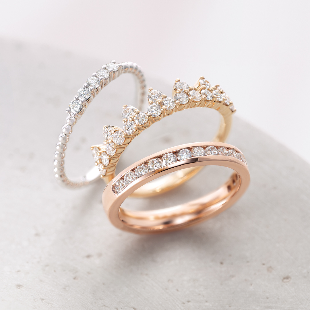 Womens White Gold (or Platinum), Yellow Gold, and Rose Gold Diamond Accented Bands