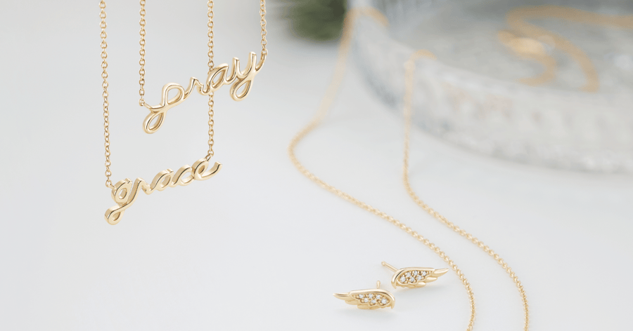 Yellow Gold Script Necklaces and Accented Angel Wing Stud Earrings