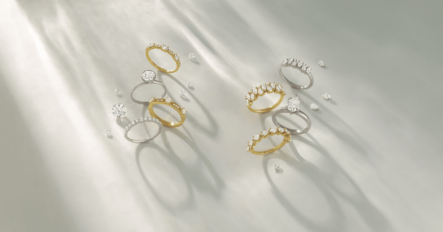 Yellow Gold and White Gold (or Platinum) Wedding Bands and Engagement Rings set with Various Cut Diamonds