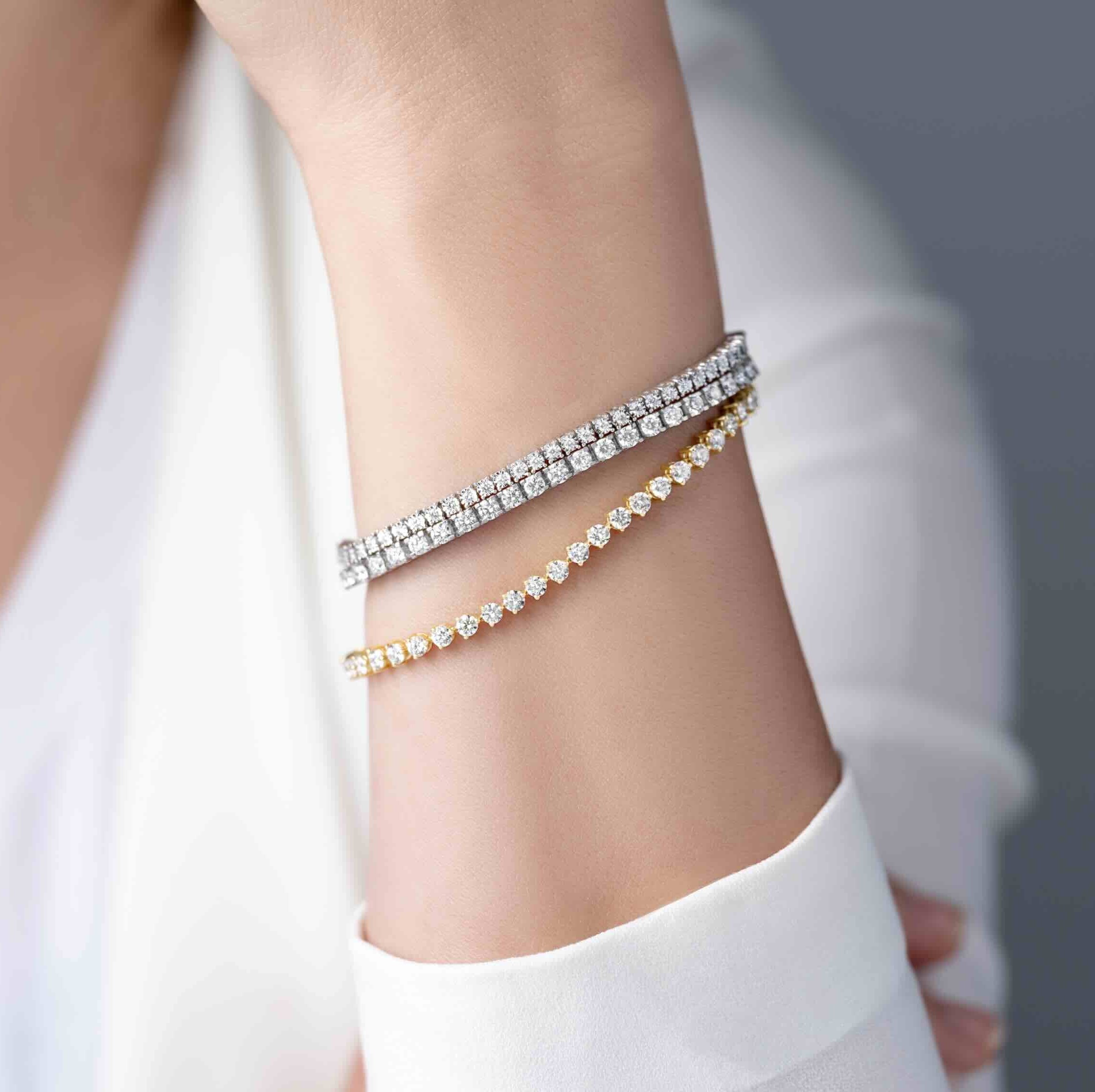 White Gold (or Platinum) and Yellow Gold Round Diamond Tennis Bracelets