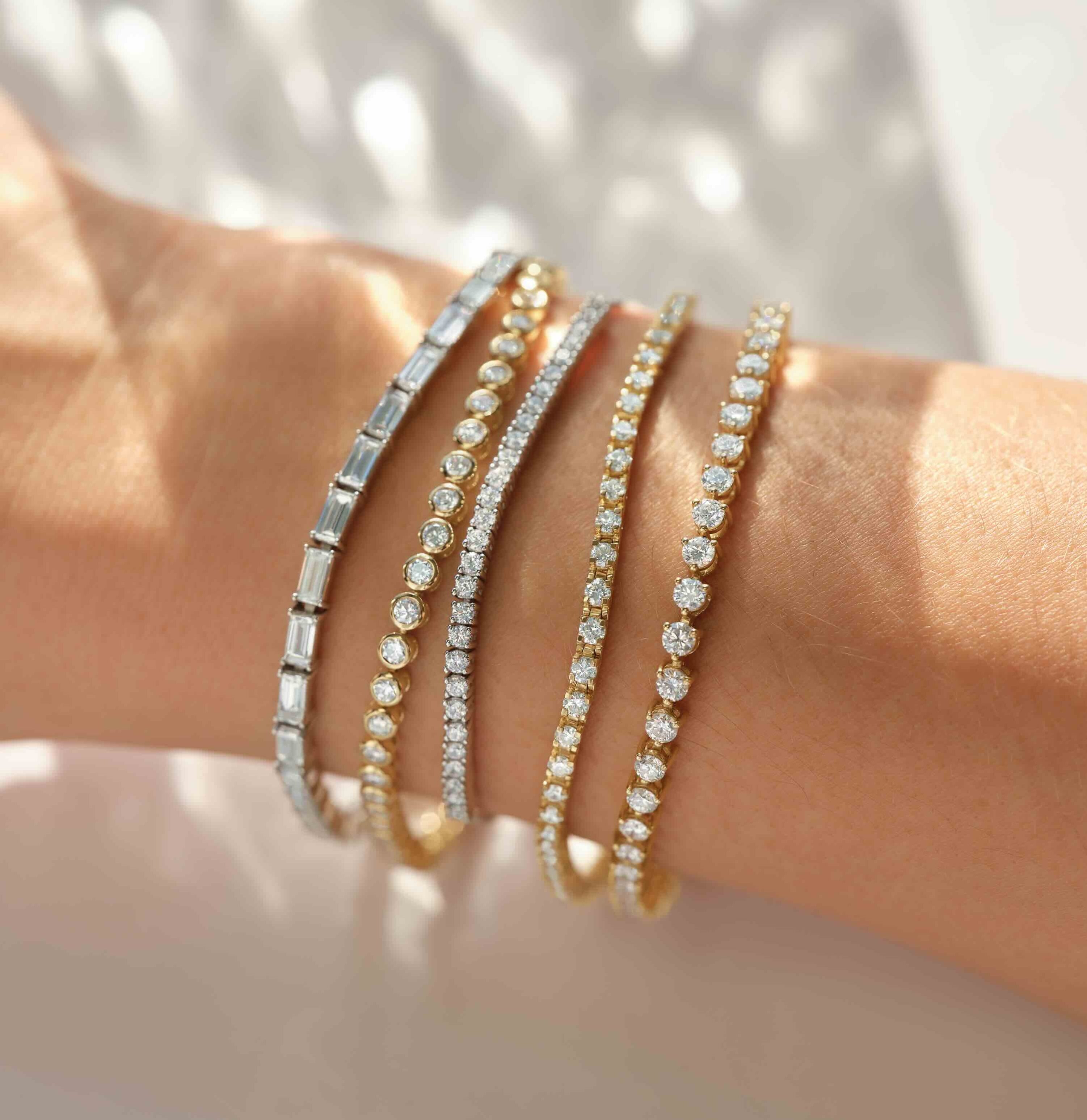 White Gold (or Platinum) and Yellow Gold Various Shaped Diamond Tennis Bracelets