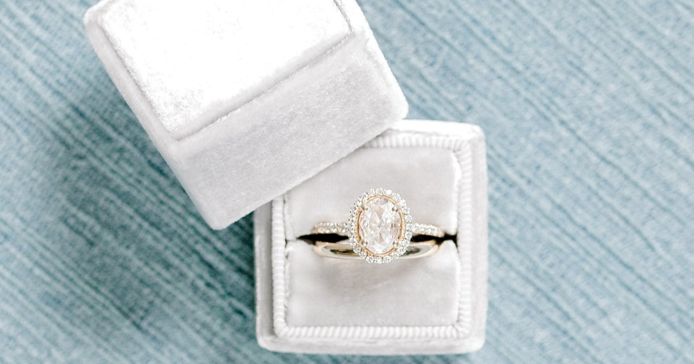 Oval Diamond Yellow Gold Ring with Halo in Grey Velvet Box