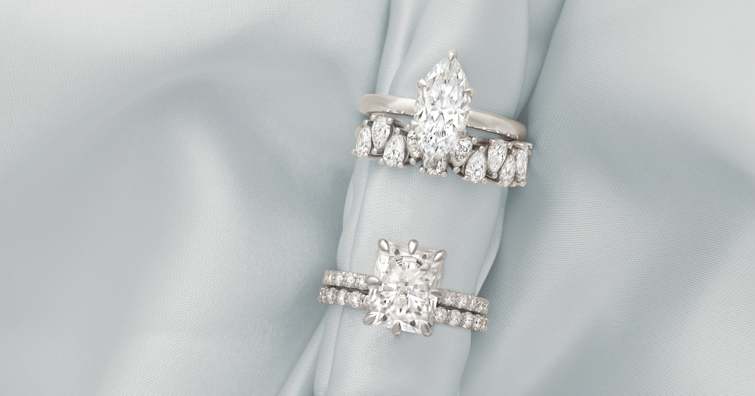 Various_white_gold_(or_platinum)_engagement_rings_with_various_matching_accented_wedding_bands