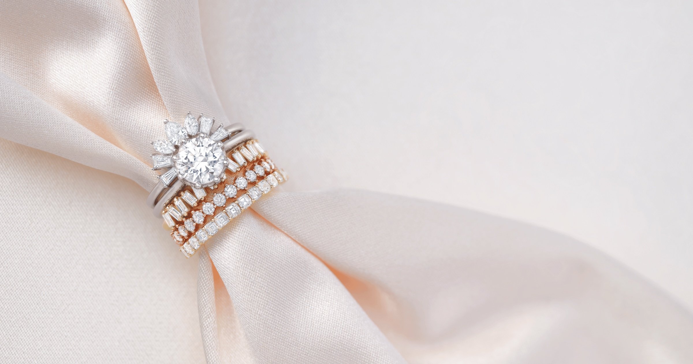 White Gold Solitaire Round Diamond Engagement Ring with Complimenting White Gold Band with Accenting Diamonds and Three Diamond Half Eternity Bands