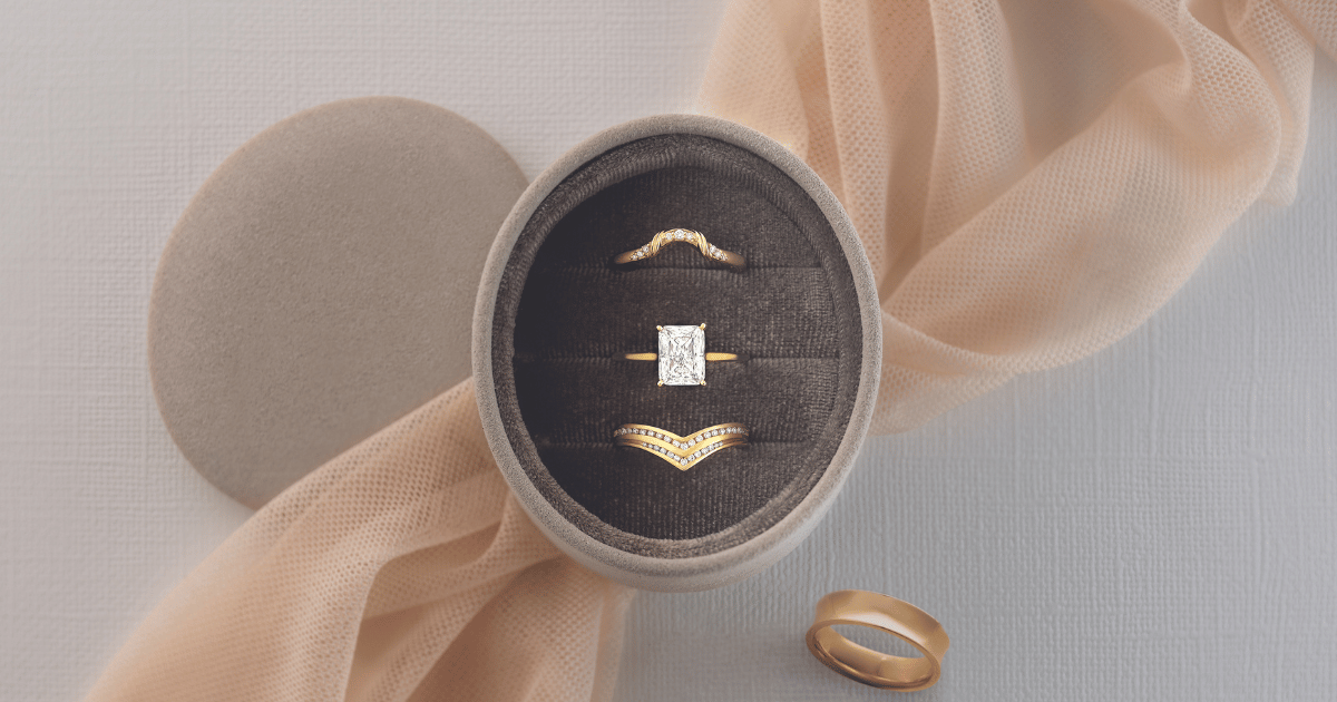Yellow_Gold_Accented_and_Detailed_Wedding_Band;Yellow_Gold_Solitaire_Engagement_Ring_set_with_Radiant_Cut_Diamond;Yellow_Gold_Accented_and_Detailed_Wedding_Band;_Men's_Yellow_Gold_Wedding_Band